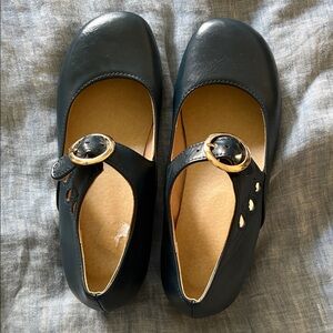 Navy Mary Jane Flats with Gold Buckle